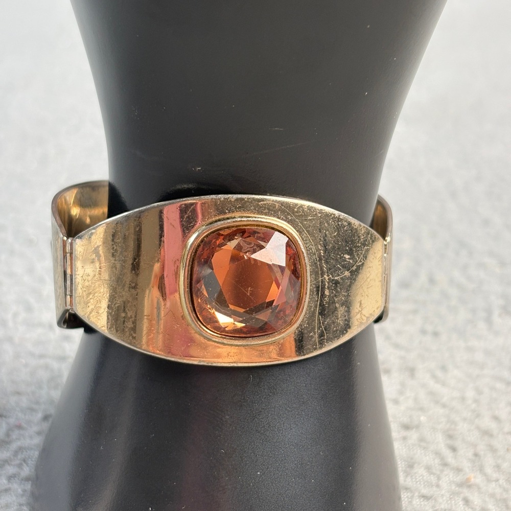 Bergere Vintage Gold Tone Hinged Cuff Bracelet Amber Topaz Glass Stones 7 Inch